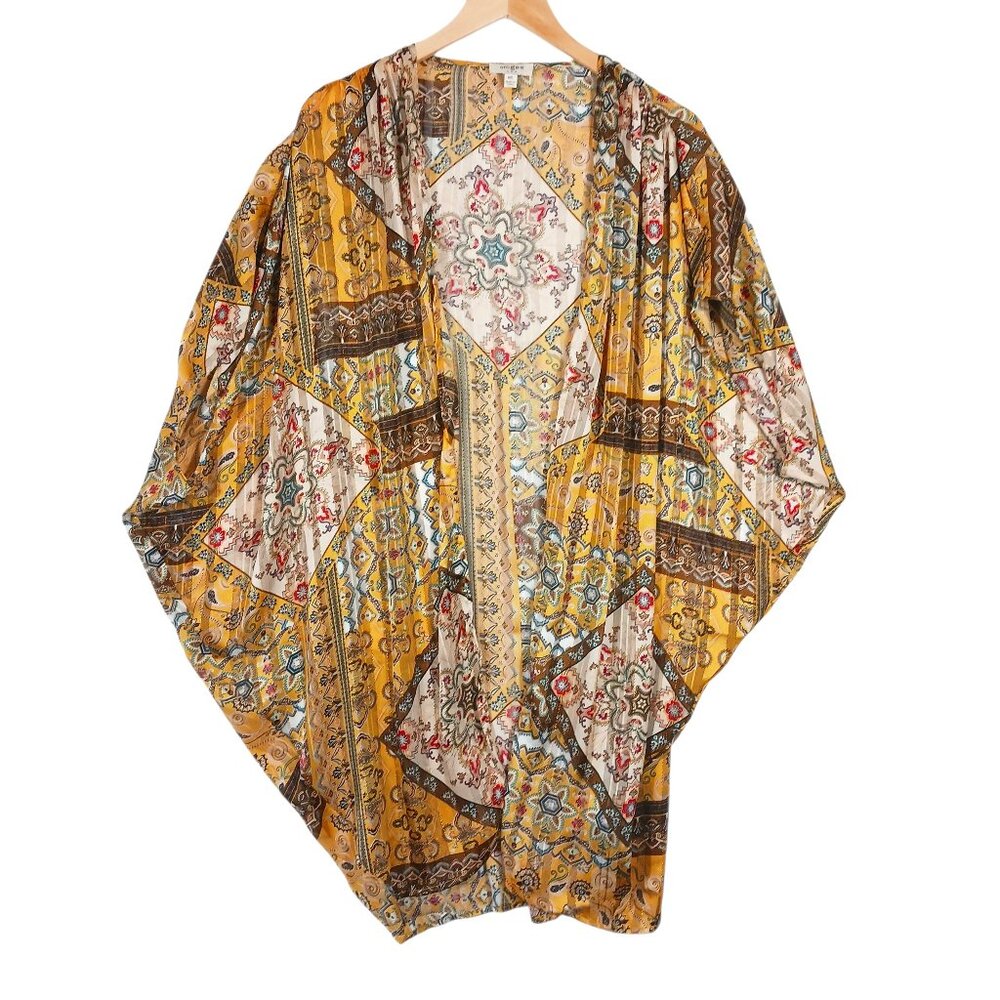 Umgee M/L Kimono Cover Up Wrap Yellow W/ Multi Color Print & Gold Glitter Thread